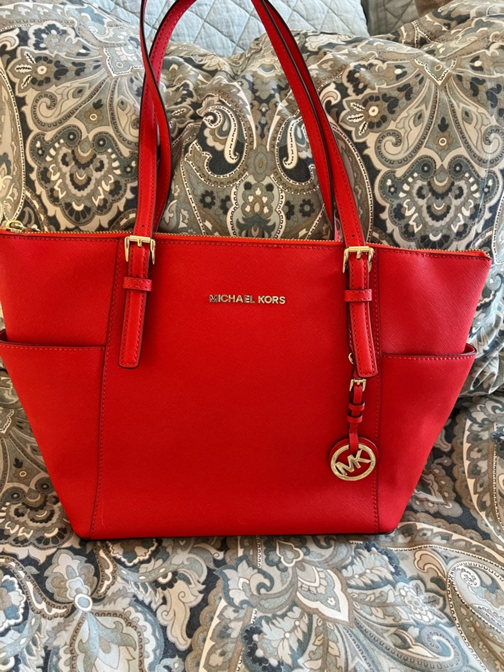 Michael Kors Bright Red Saffiano Leather Tote with Gold Hardware